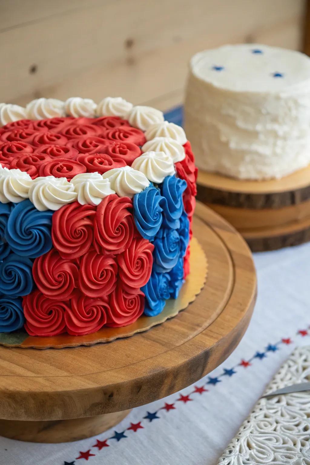 Ruffled icing in patriotic colors adds depth and flair to this cake.