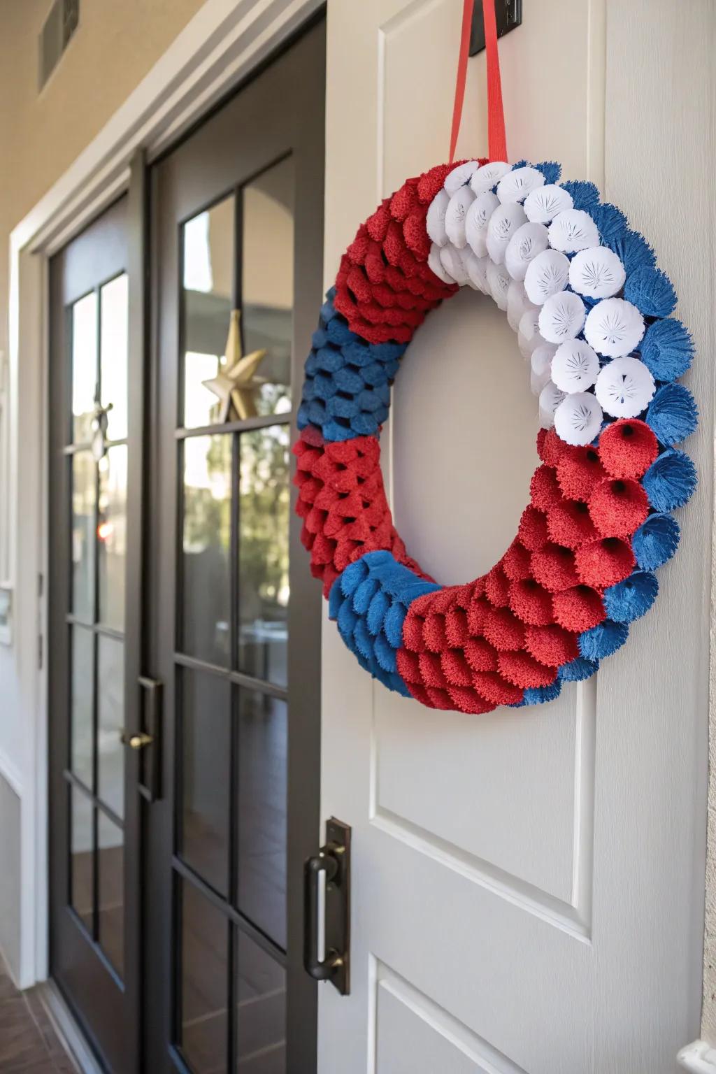 A sustainable wreath fashioned from repurposed cardboard.