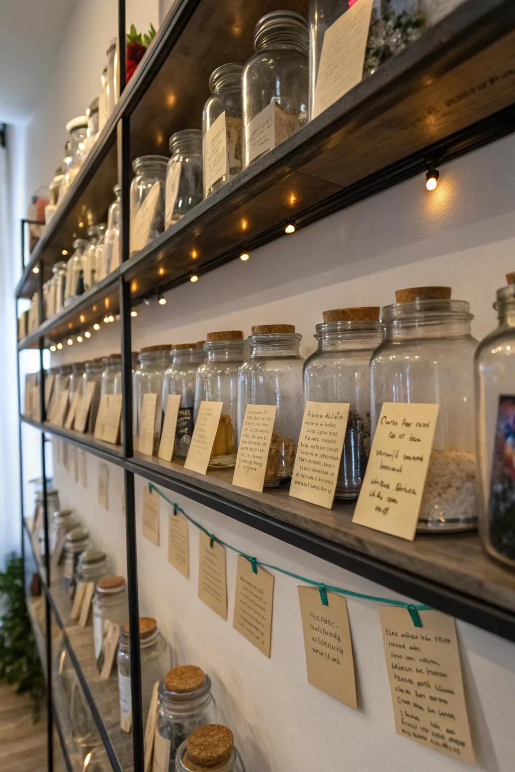Memory containers filled with treasures, adding a personal touch to a tribute display.