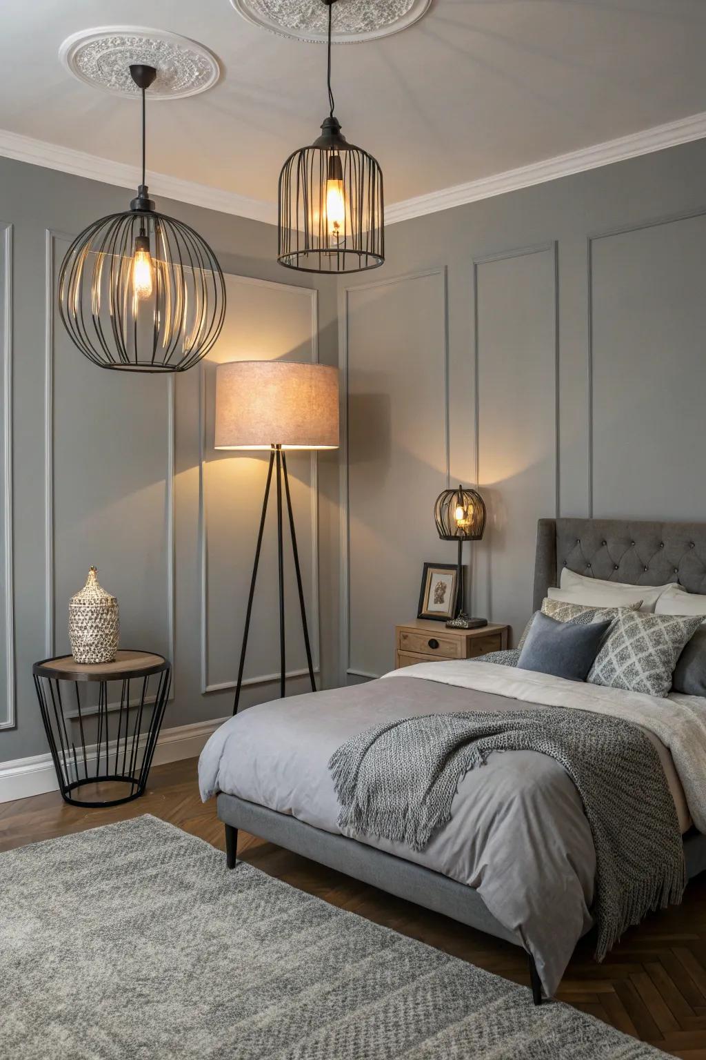 Modern illumination brightens and enhances the grey bedroom.