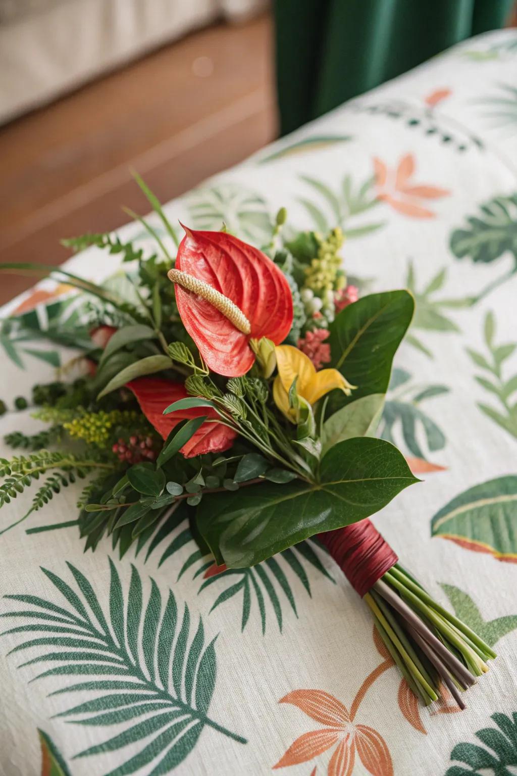 An exotic painted tongue boutonniere provides an energetic touch.
