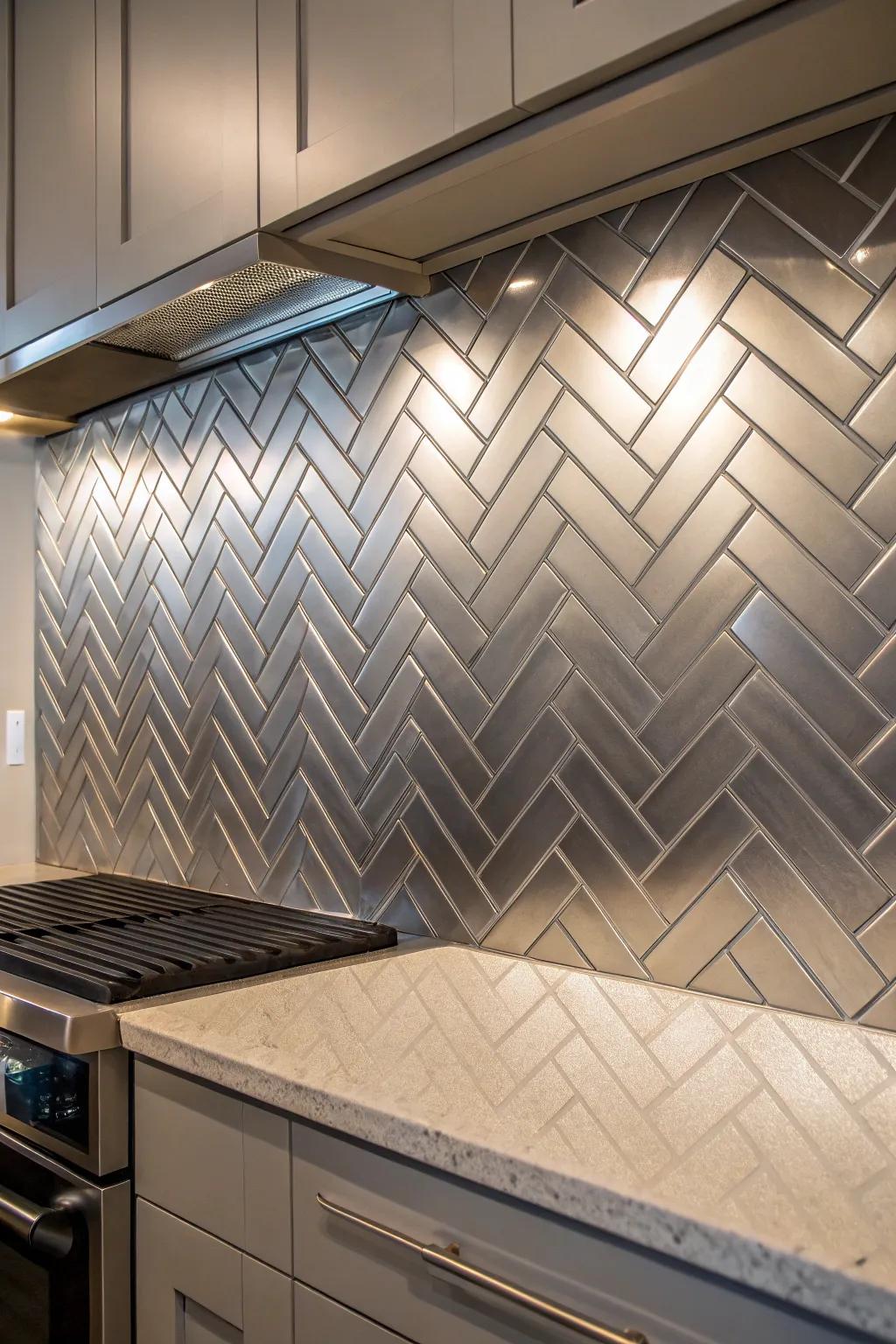 A kitchen wall showcasing a textured chevron metal backsplash.