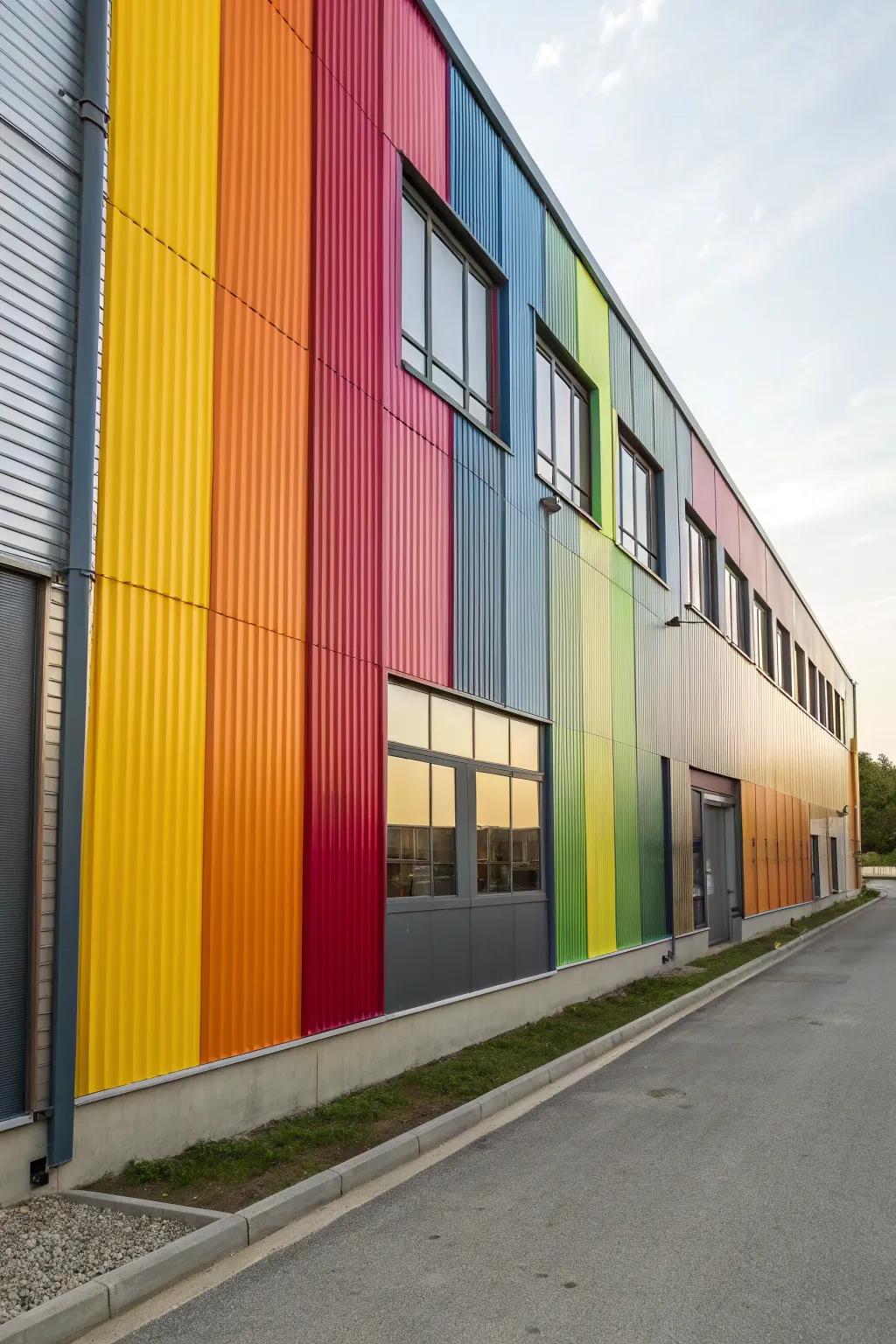 Lively colors customize and energize this metal facade.