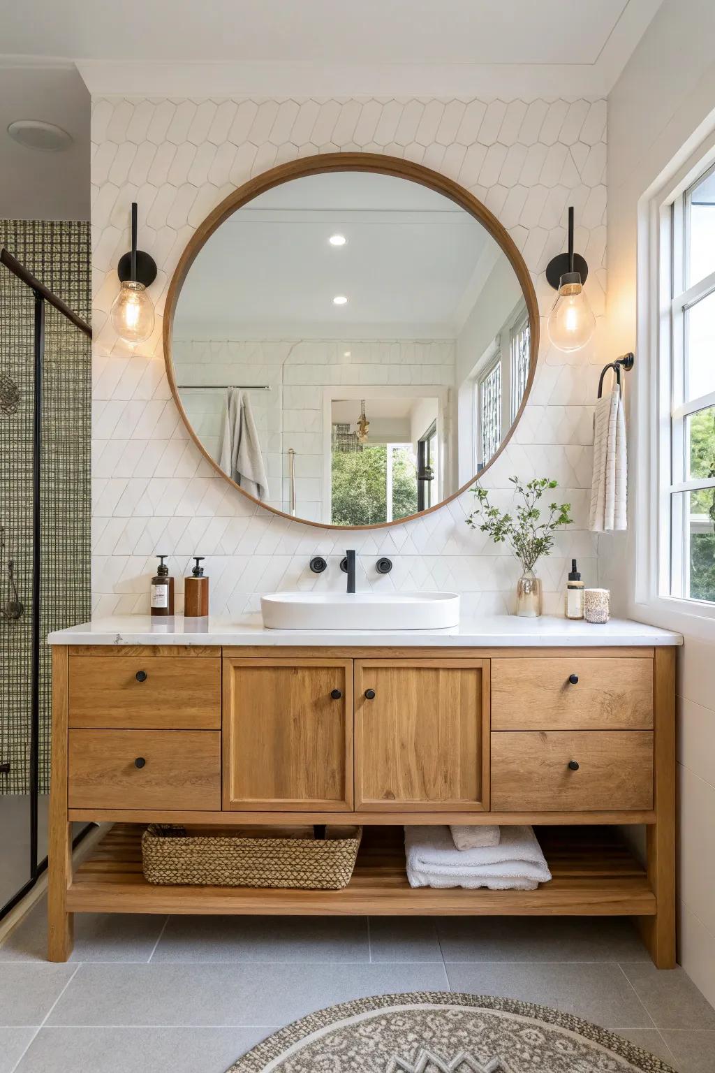 The round mirror serves as a chic centerpiece above the vanity.