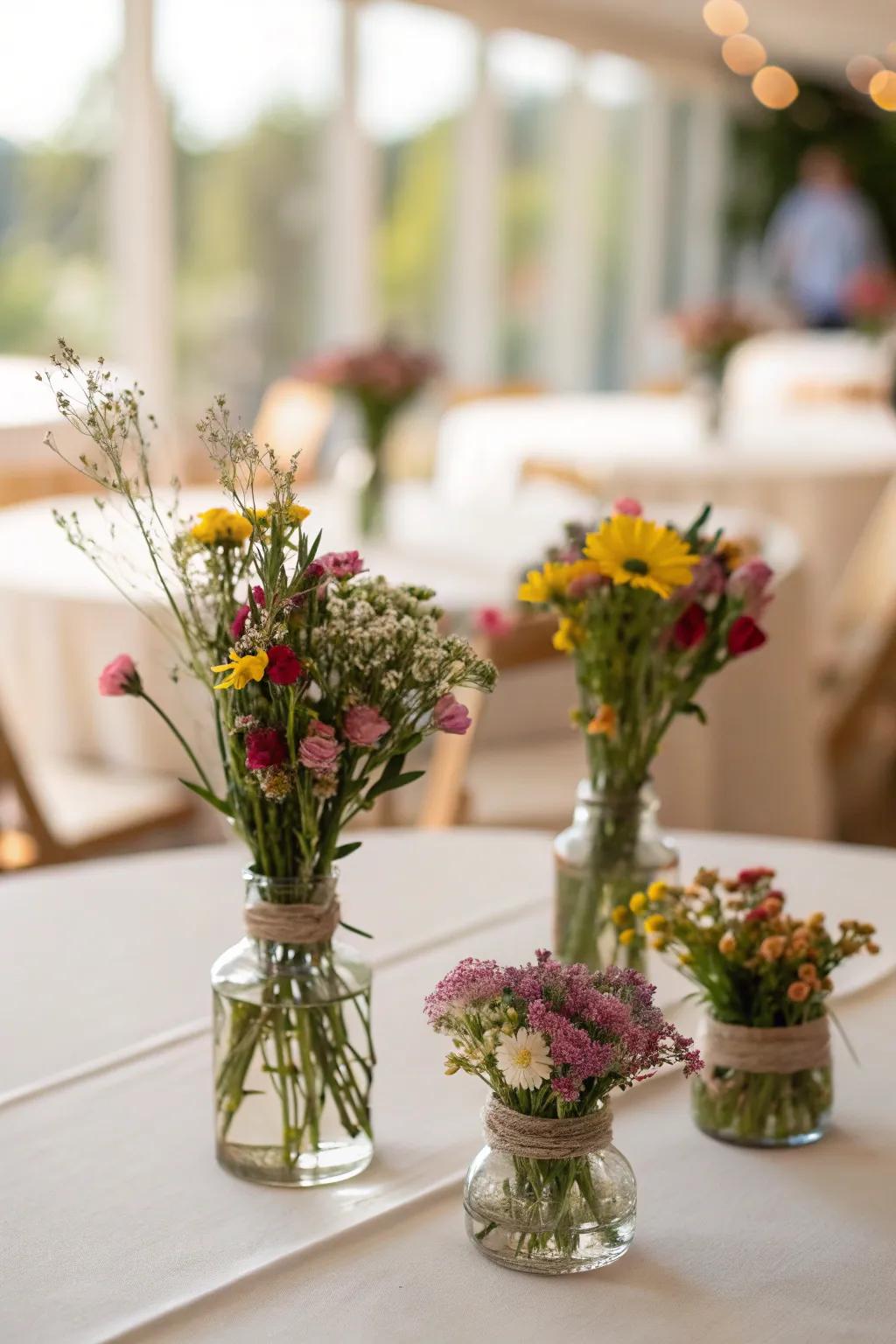 Elegant diminutive centerpieces contribute a hint of beauty.