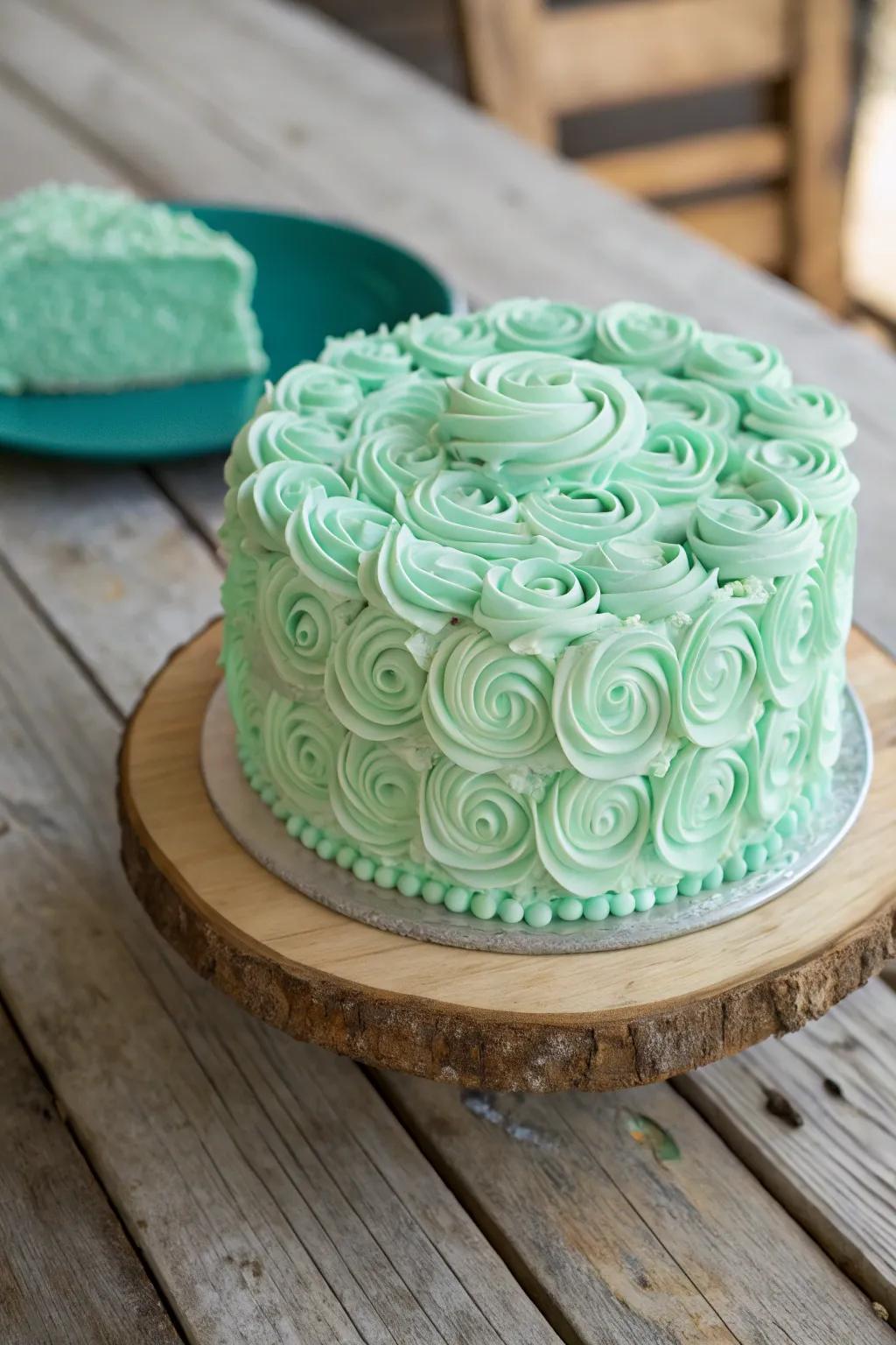 A mint green cake distinguished by exquisite buttercream patterns.