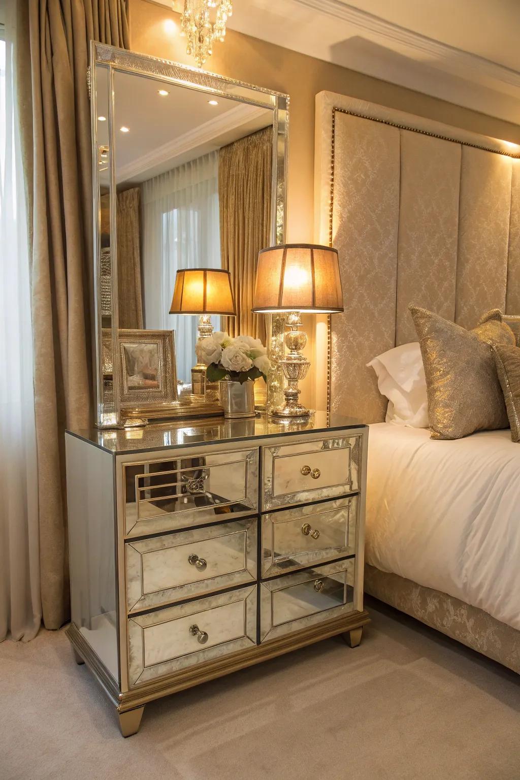 Reflective furniture incorporates a hint of glamour and enhances space.