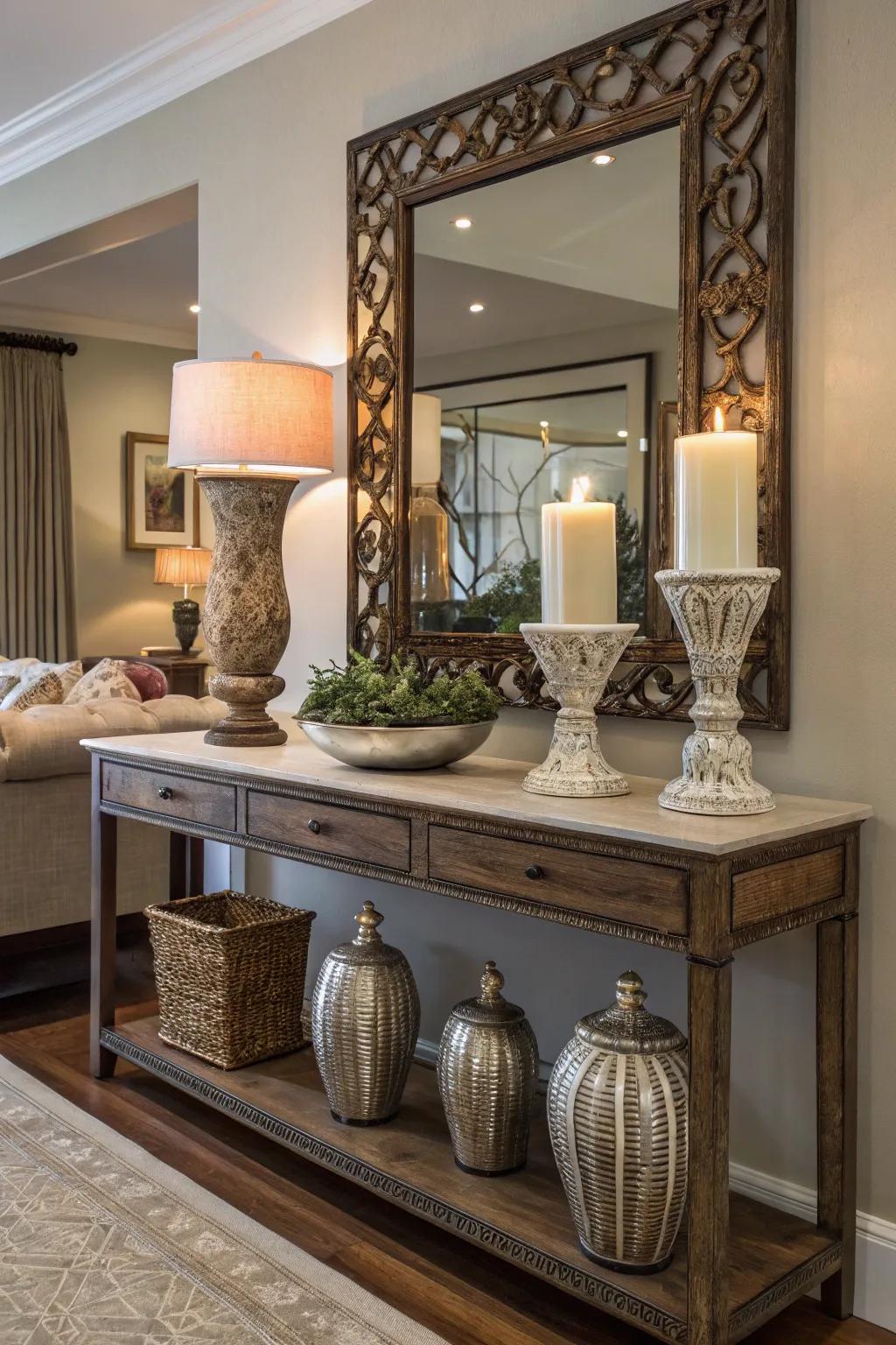 Mirrors above console tables enhance both elegance and light.