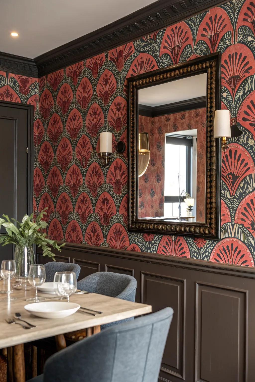 Mirrors have the ability to enhance the visual impact of patterned wall coverings.