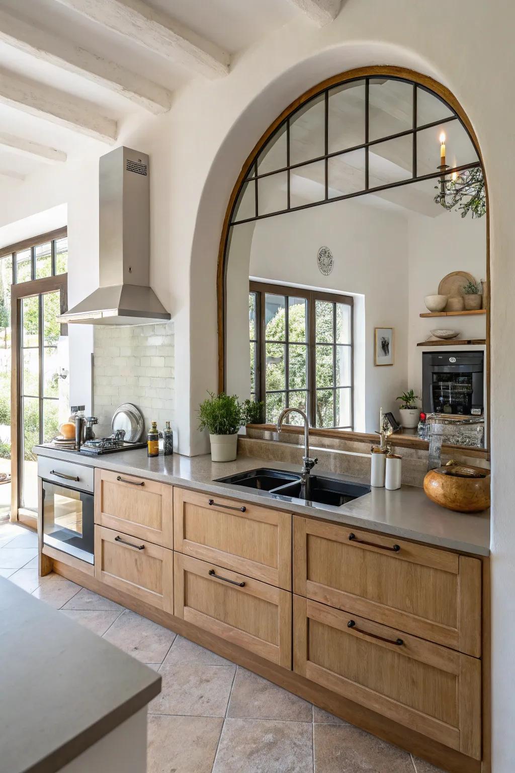 An arched mirror adding architectural interest and enhancing the kitchen&rsquo;s overall design.