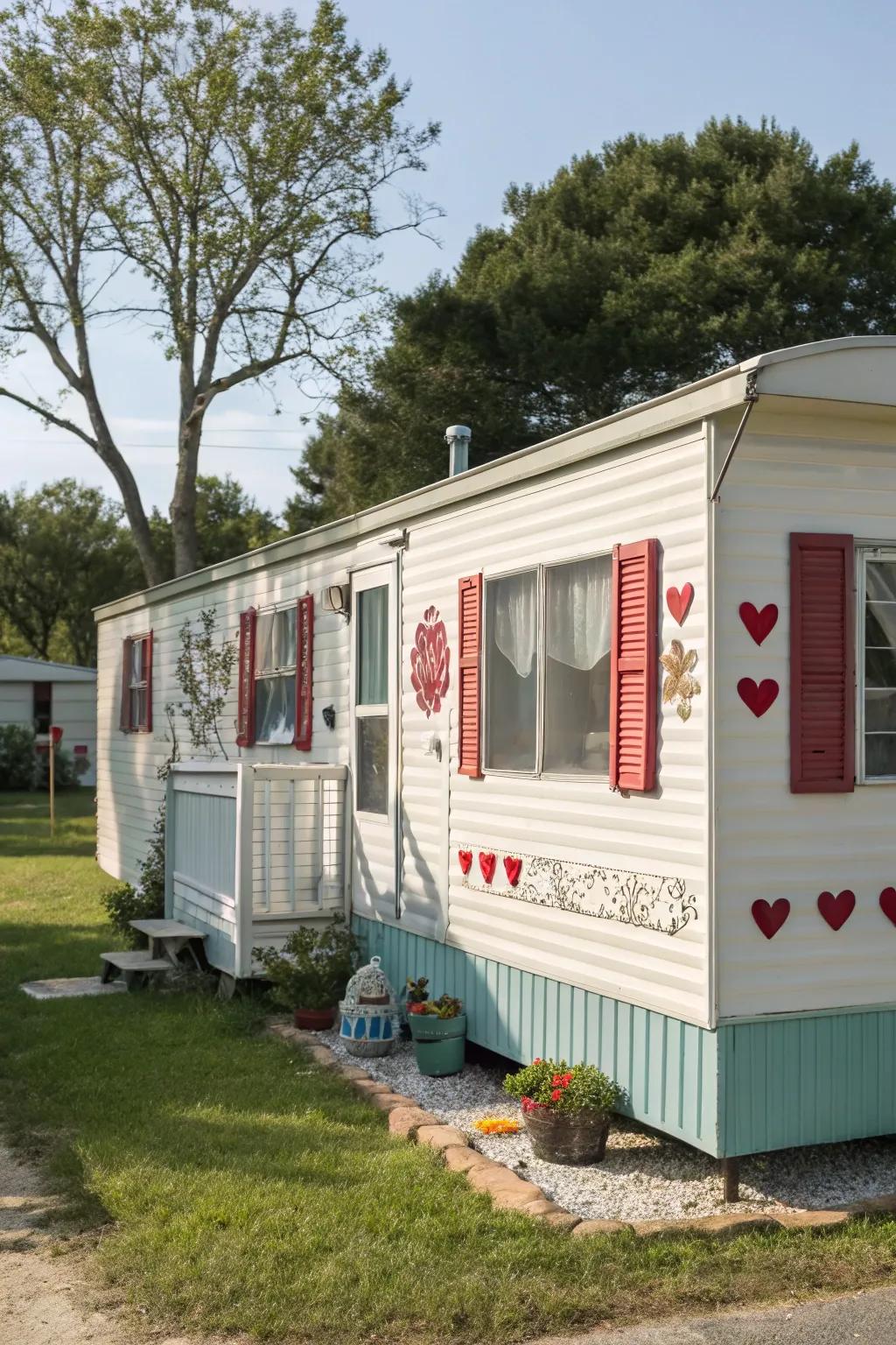 Whimsical perforations on window dressings enhancing allure to a mobile home, creating a lighthearted and inviting exterior.