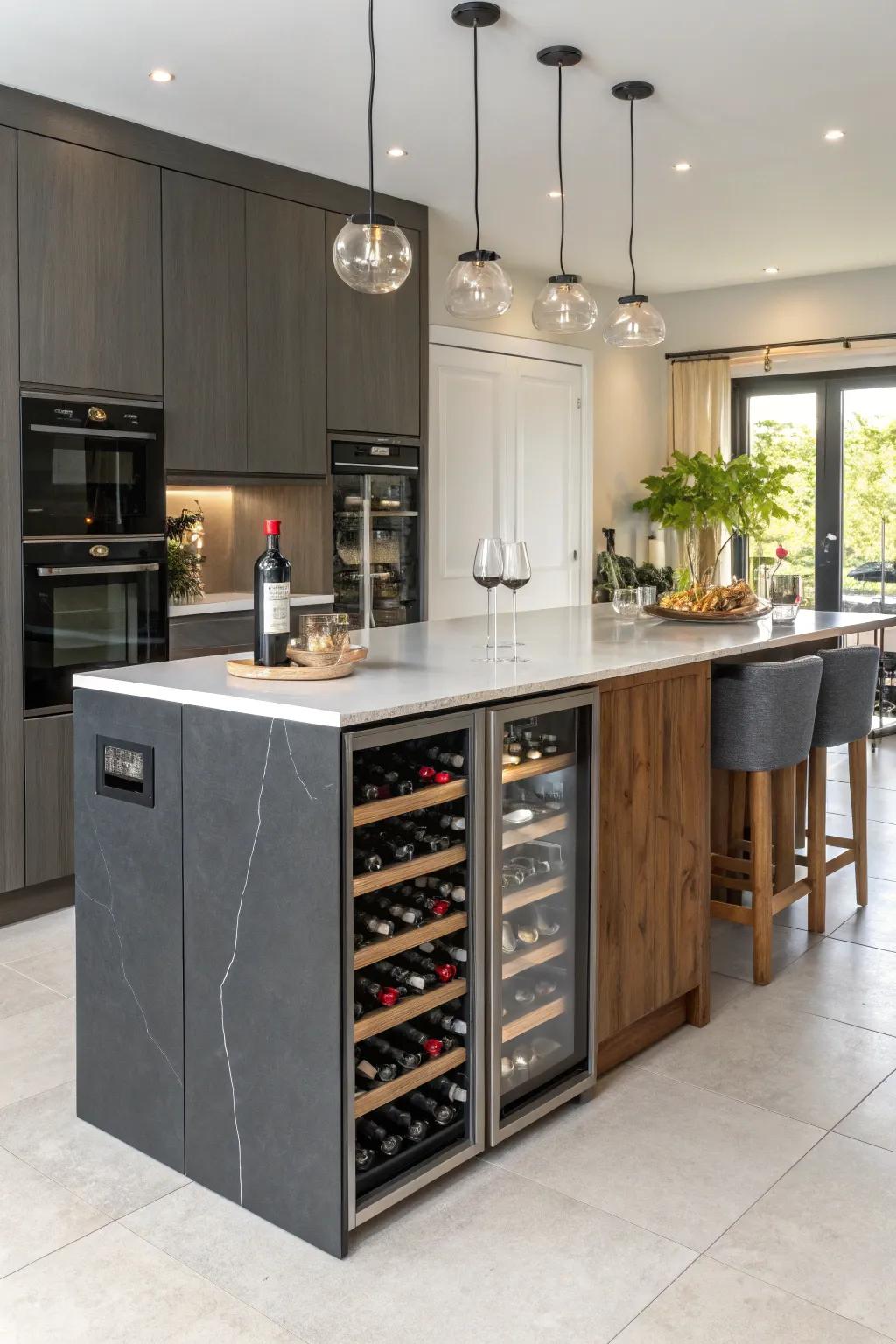 A chic kitchen island curated for wine connoisseurs.