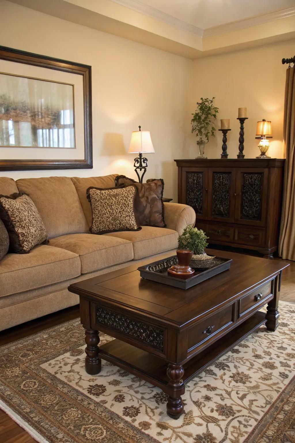 Dark details add dimension and contrast to the cacao sofa setting.