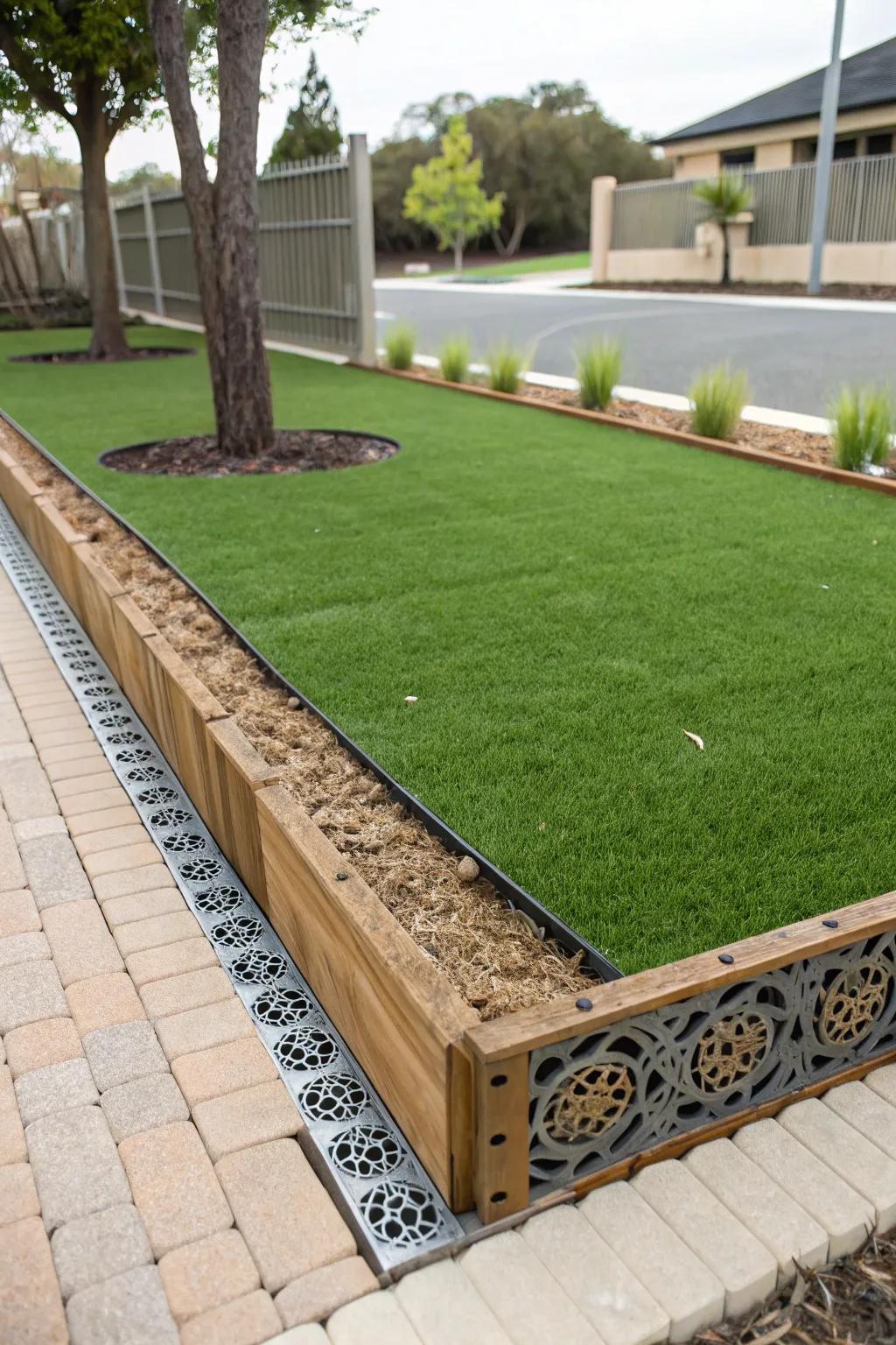 Creative edging defines the artificial grass area beautifully.