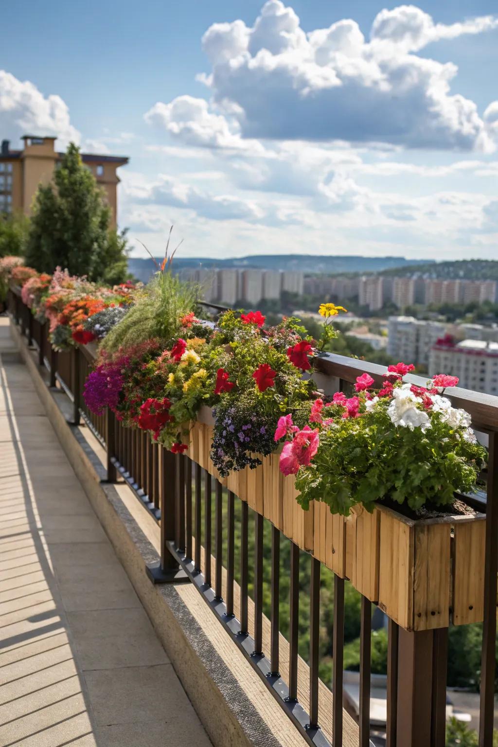 Balcony railings with integrated planters filled with colorful flowers