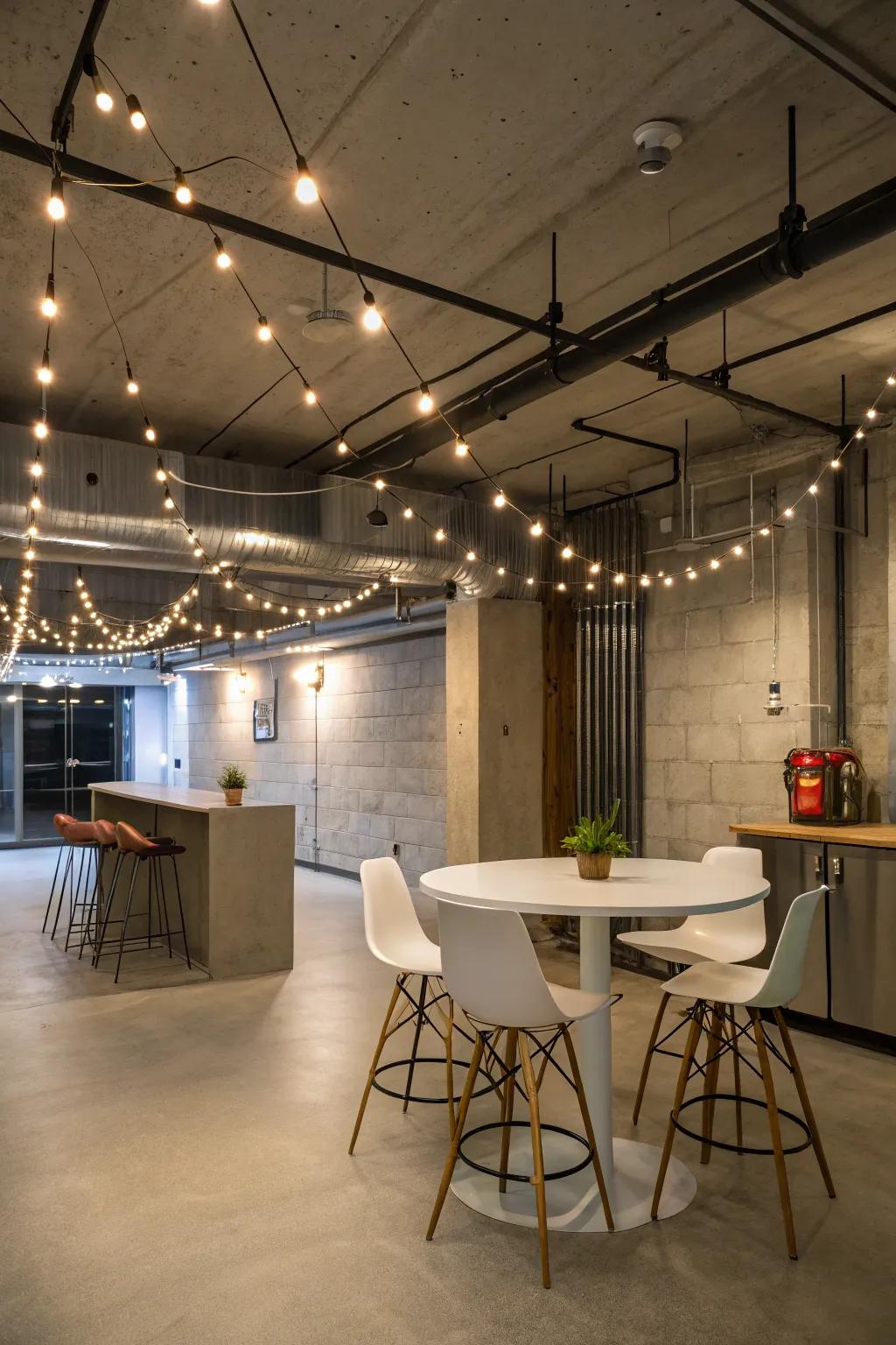Line lights adorn the basement with whimsical charm and a modern feel.