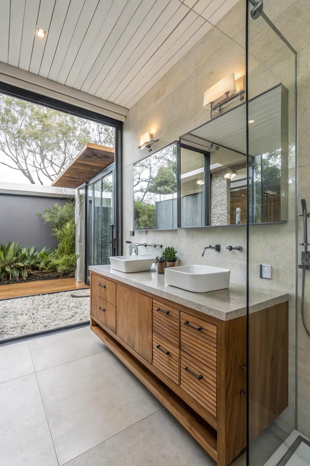 Blending materials like timber and glass imparts profundity to contemporary restroom designs.