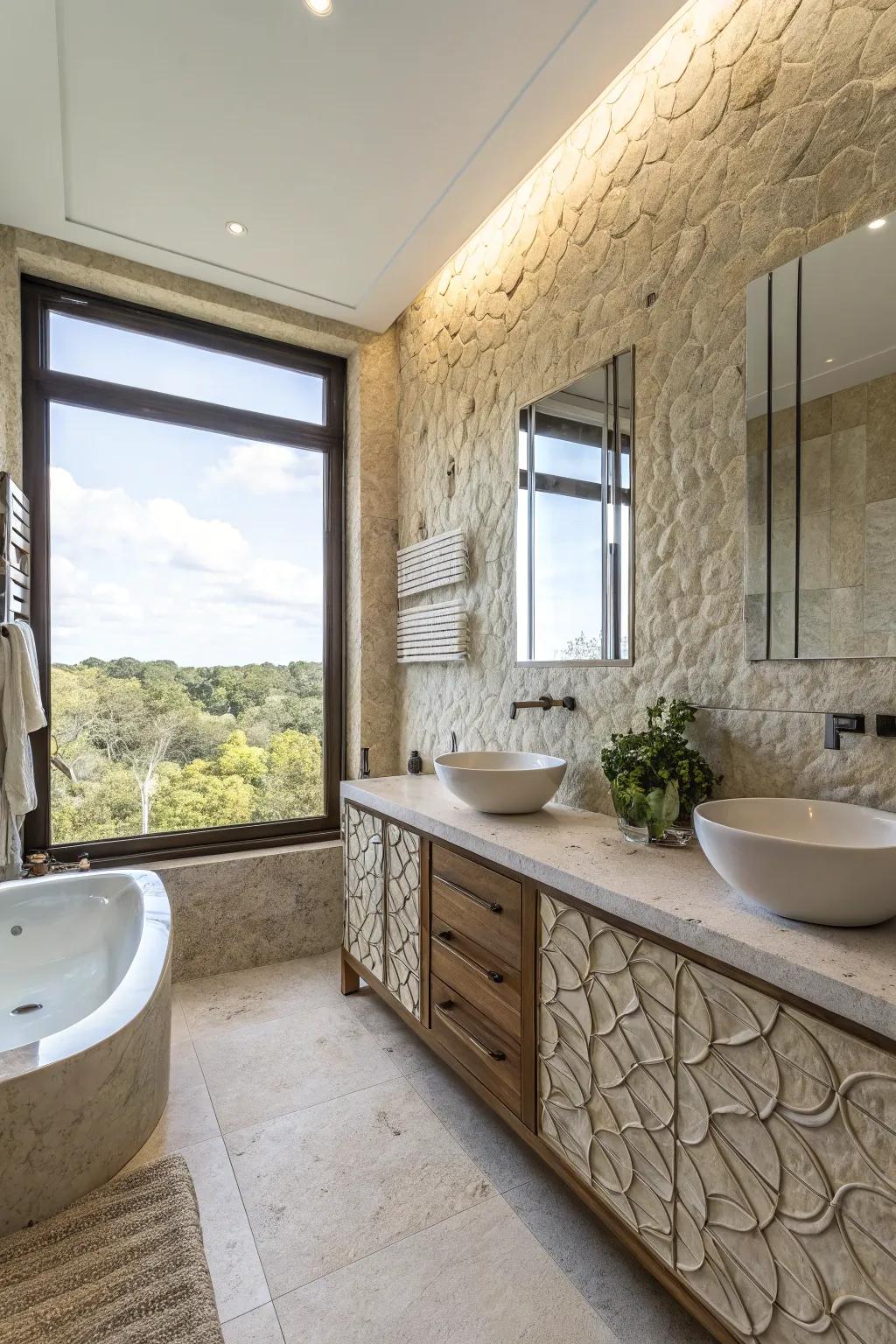 Textured tiles add volume and character to this modern bathroom.