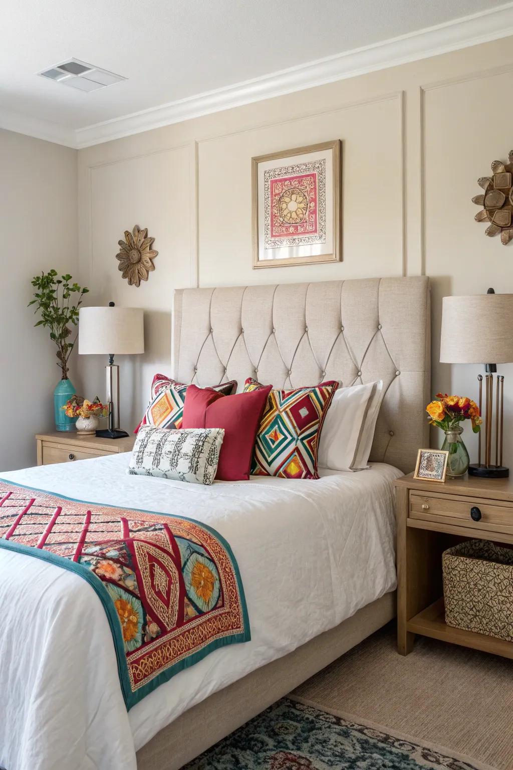 Neutral tones matched with accent colors compose a balanced bedroom layout.