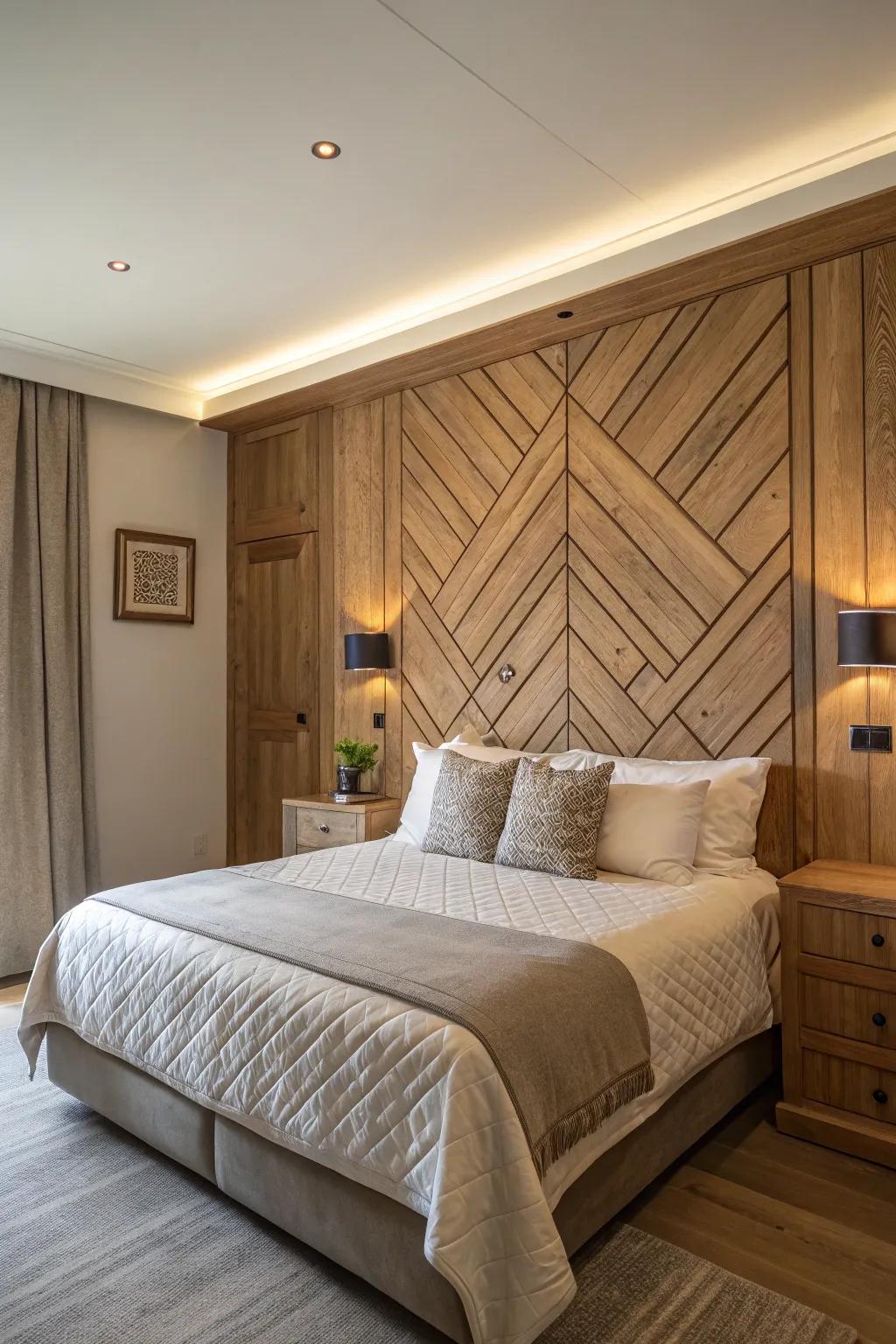 A feature wall using paneling serves as a bold focal point.