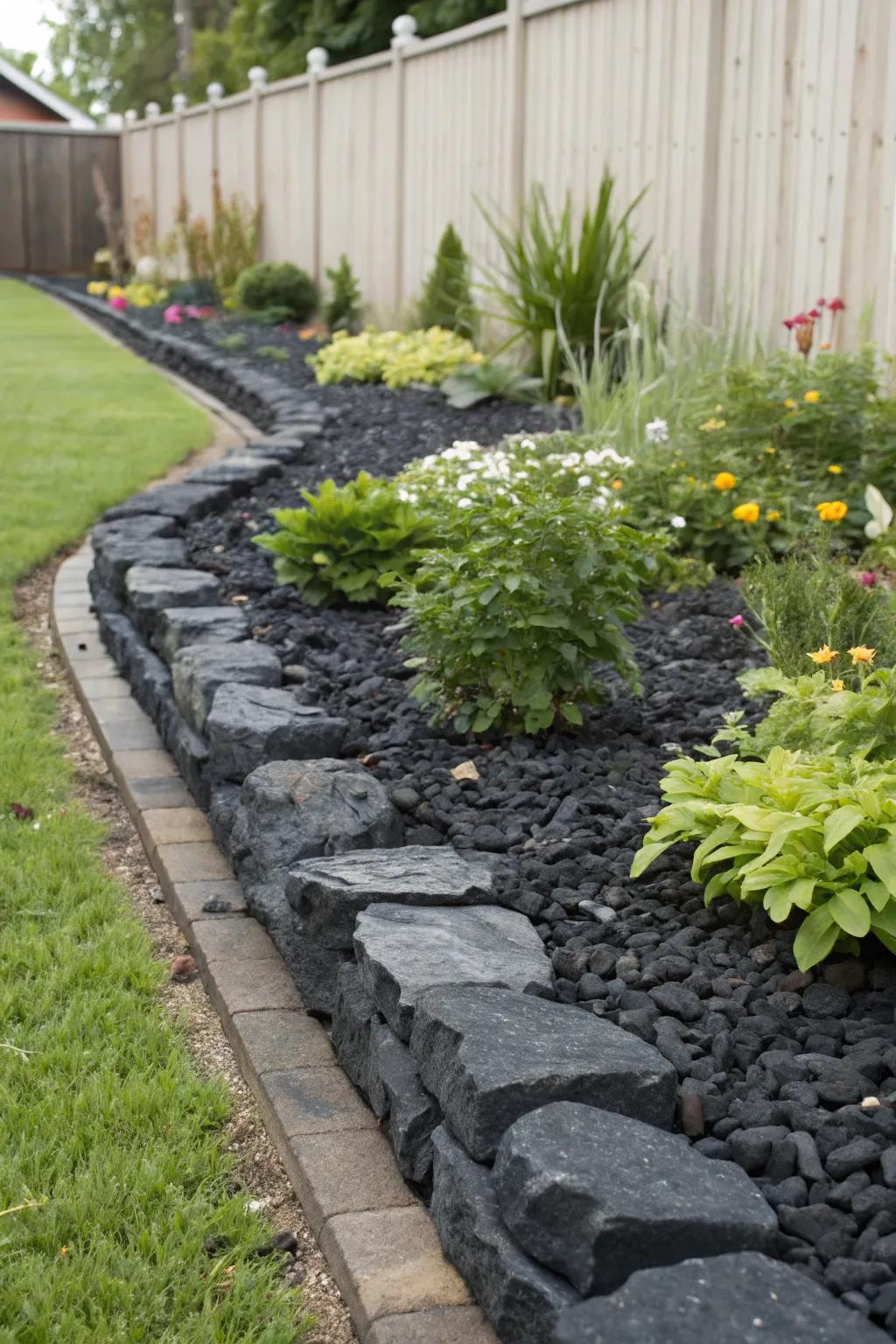 Neat black rock borders define garden spaces.