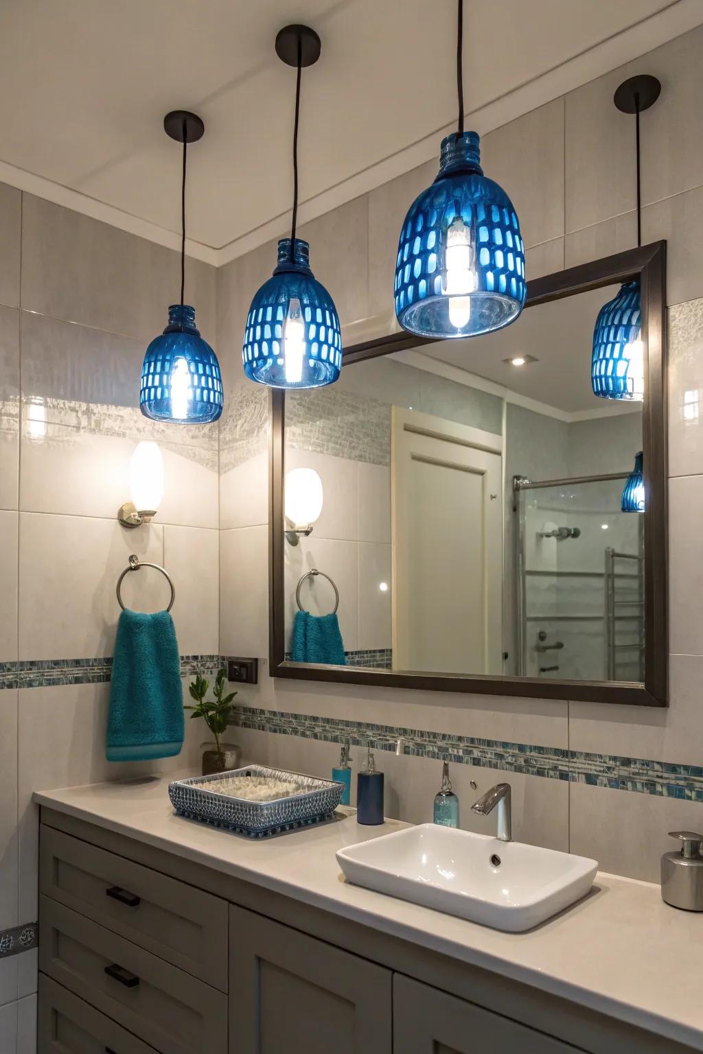 Azure dangling luminaires illuminate and sprinkle shade into this posh bathroom.