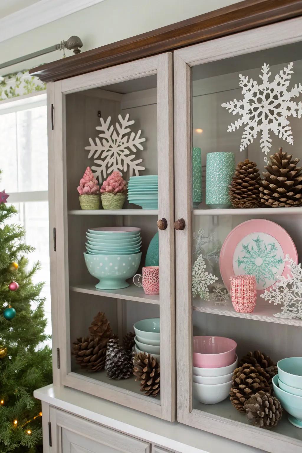 A dynamic seasonal display in a china cabinet.