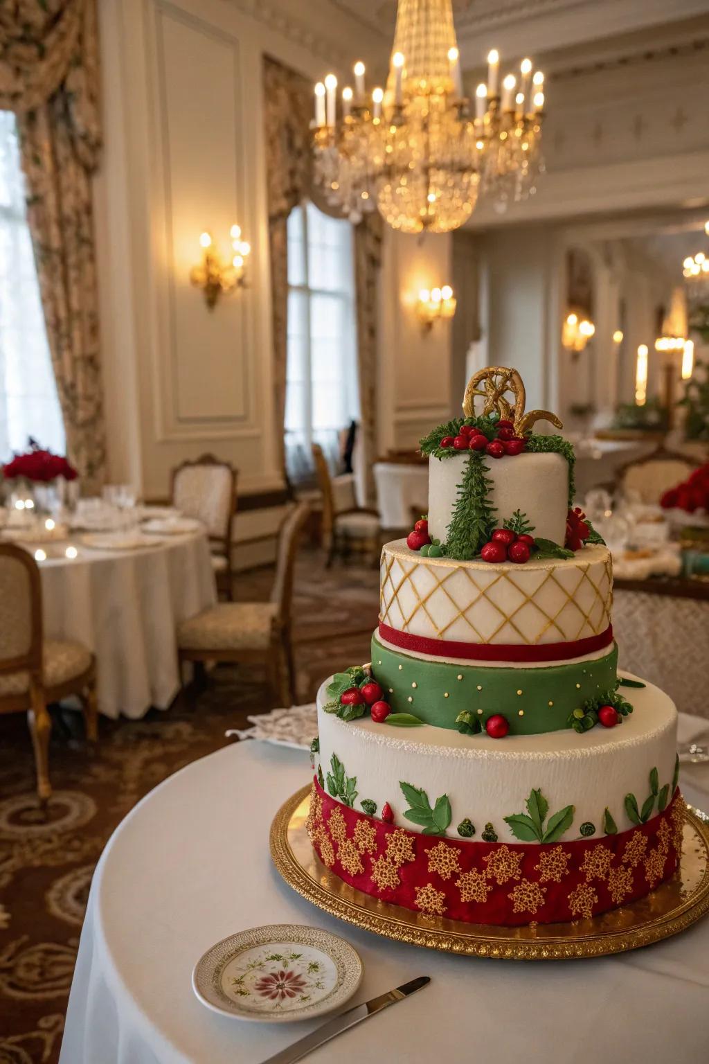 A yuletide cake showcasing an elegant color scheme