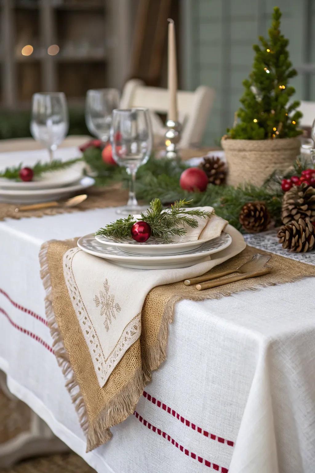 A textured table arrangement employing linen and burlap for depth.