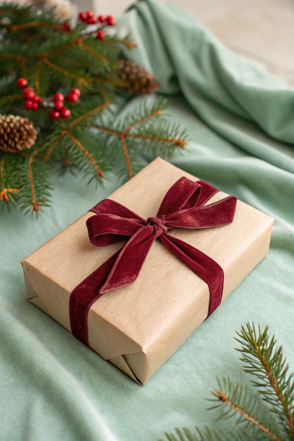 A deluxe gift enhanced with a posh velvet ribbon, enriching the festive ambiance.