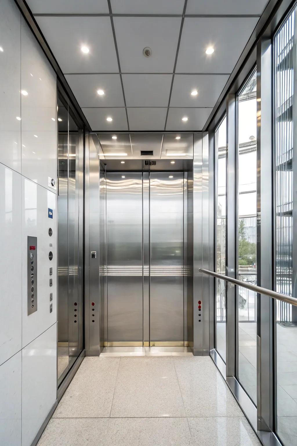 A minimalist lift interior defined by crisp lines and a serene ambiance.