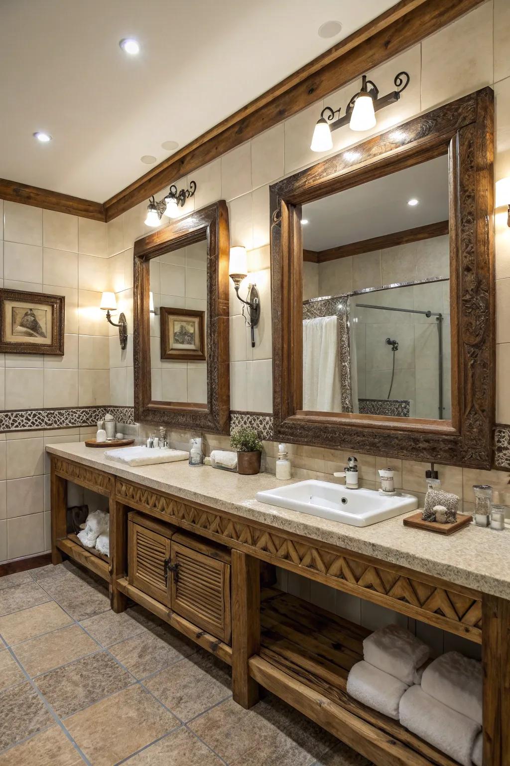 Expansive mirrors amplify room and brightness within this rustic lavatory.