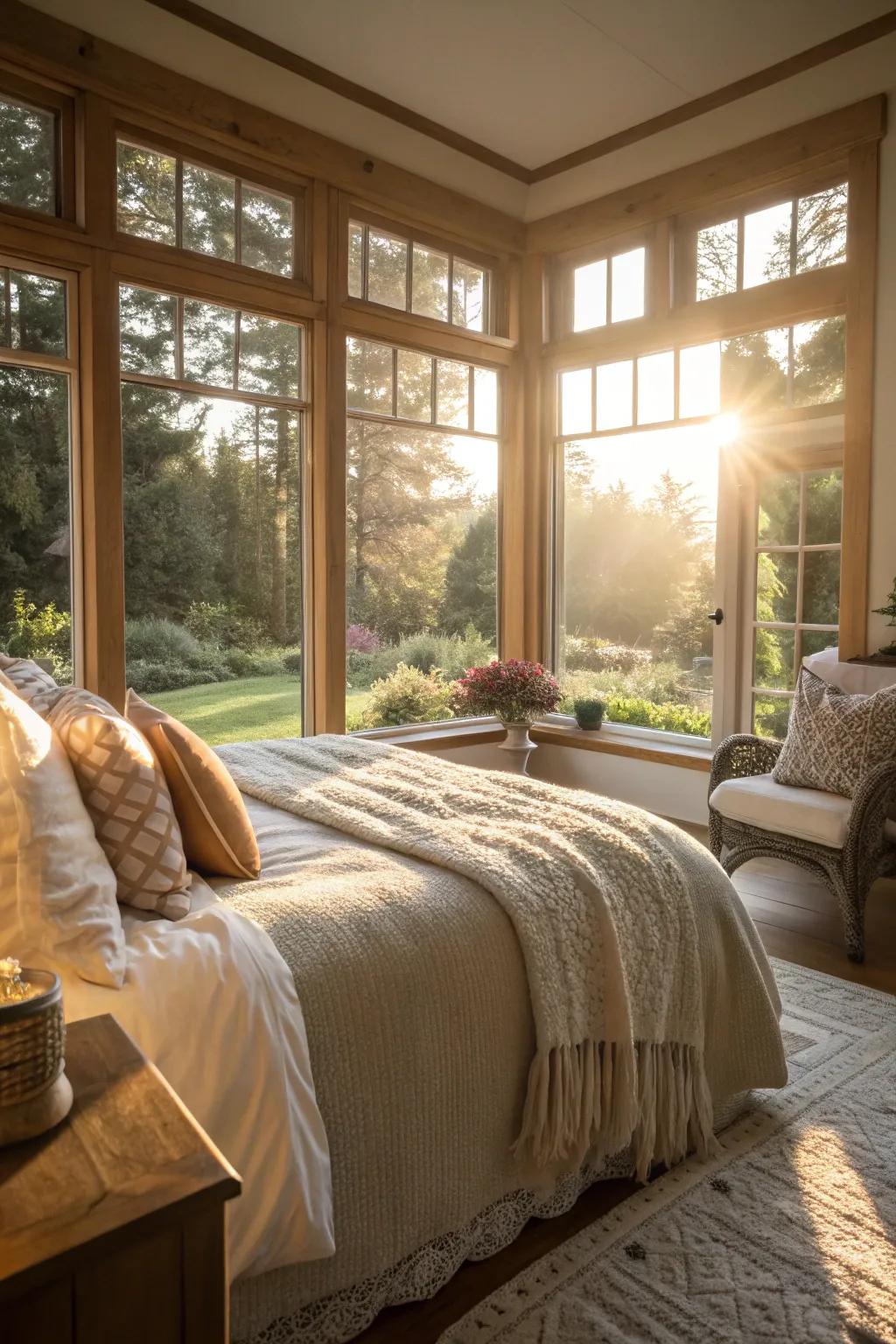 Natural light pours in through large farmhouse windows.