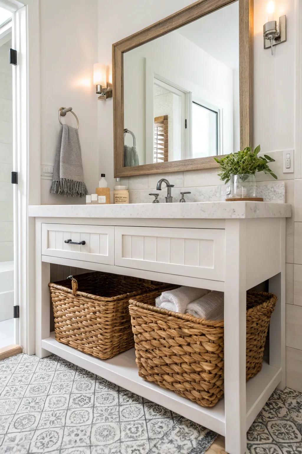 Woven basket storage under a vanity in a powder room.