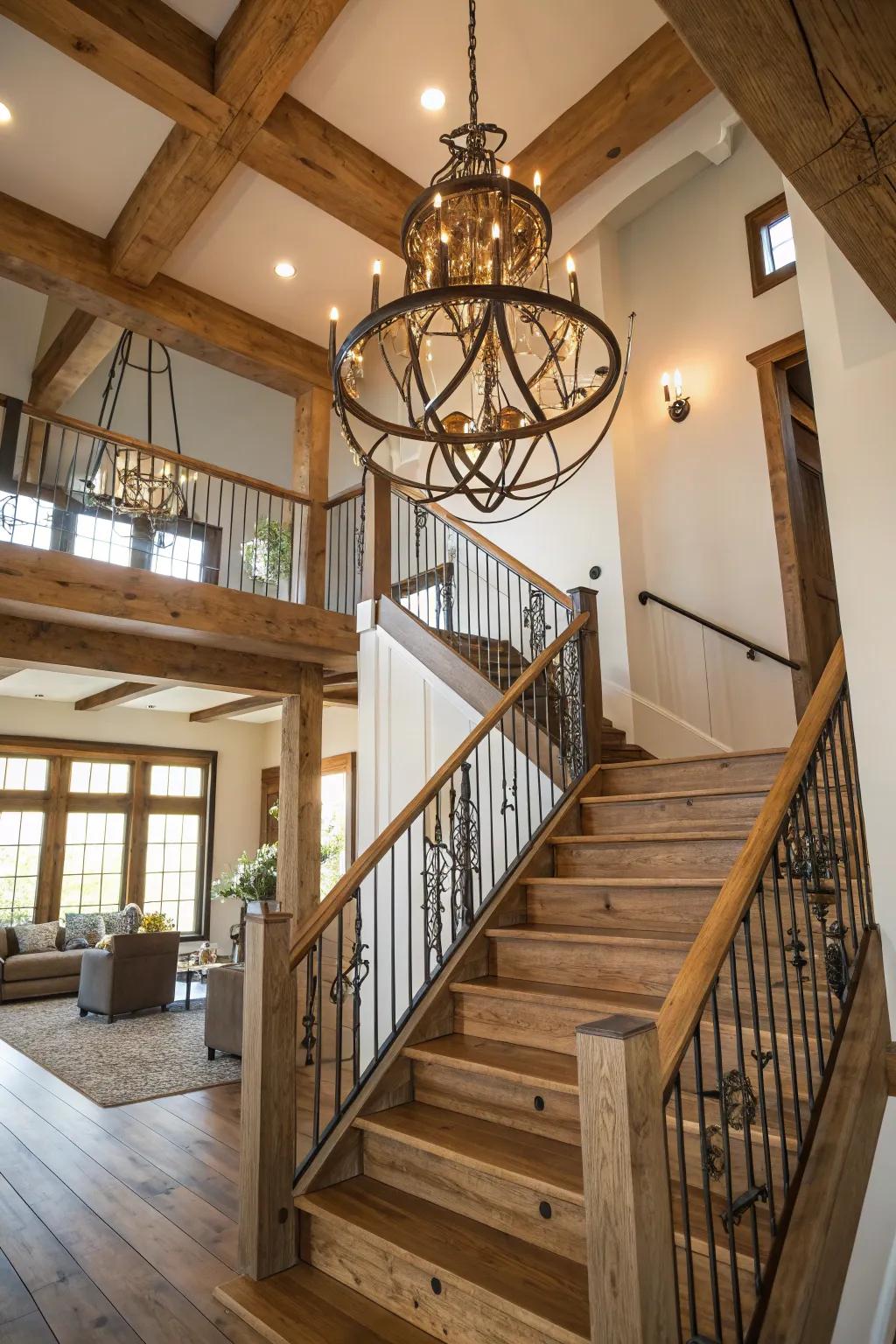 A staircase illuminated by a stunning chandelier, fostering an inviting ambiance.