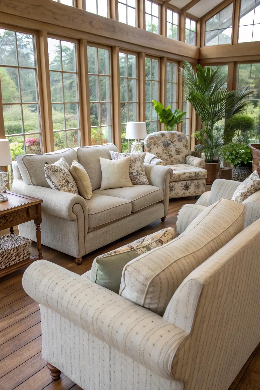 Comfortable seating fosters relaxation within this cozy sunroom.