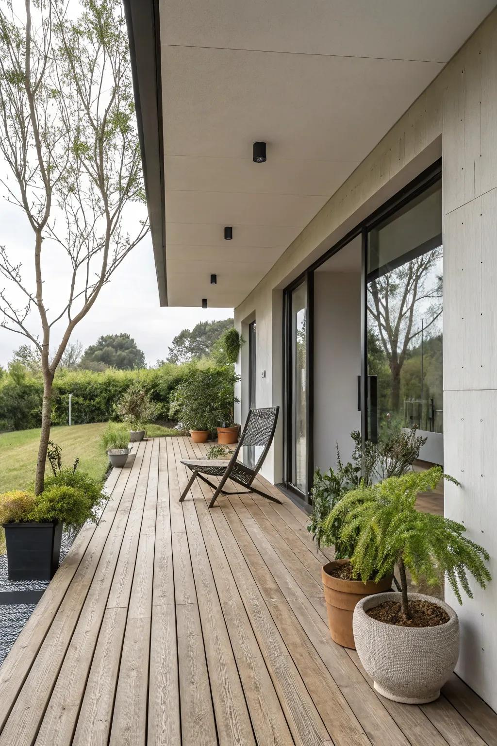 Textural flooring amplifies the sensory charm of a modern porch.