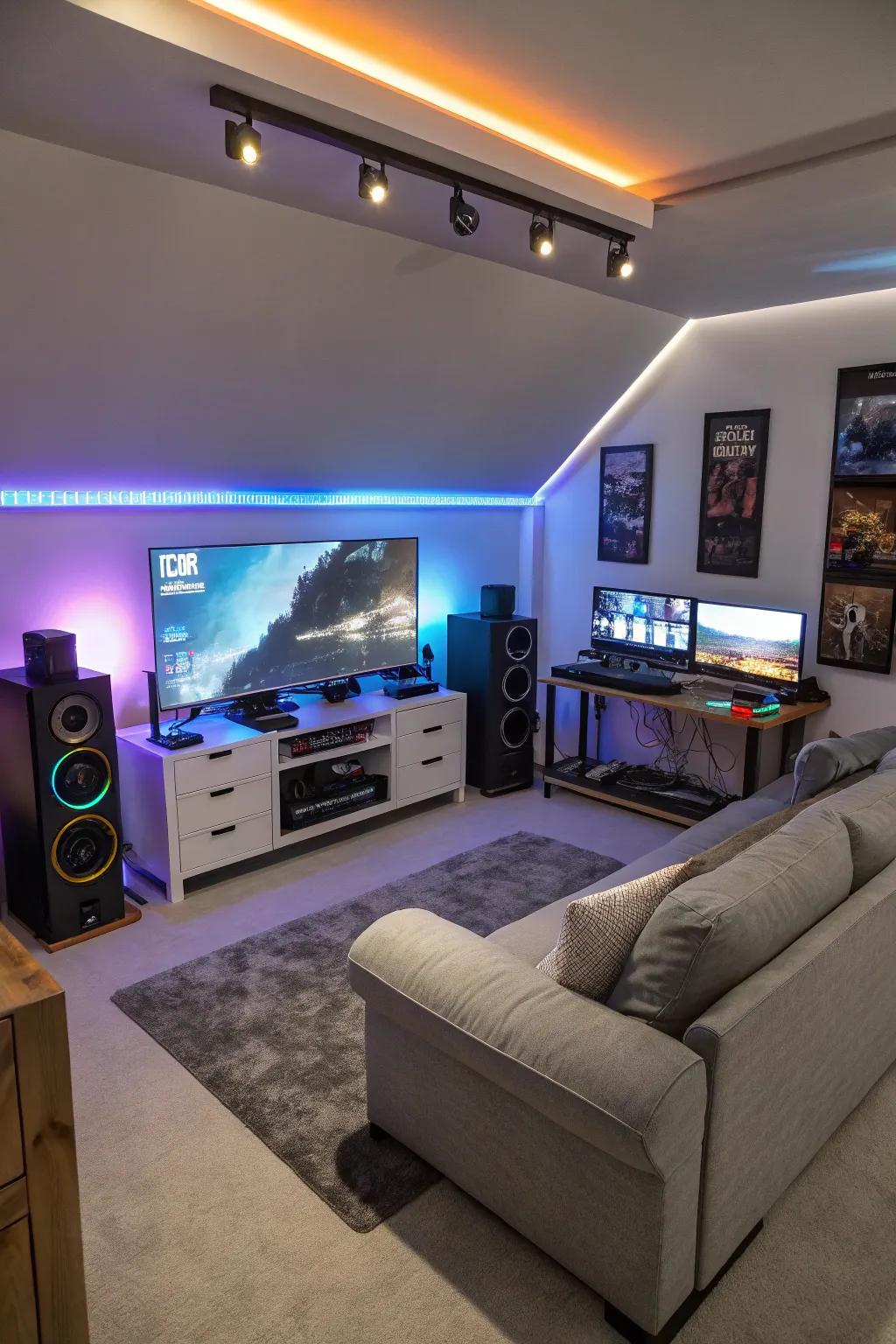 A gaming bedroom enhanced with smart technology for lighting and sound.