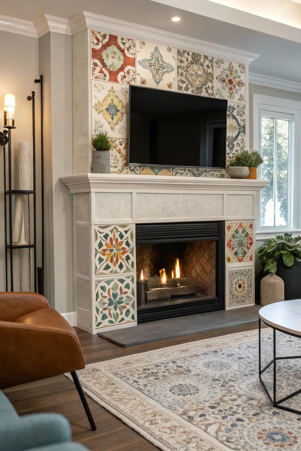 An artistic tile surround elevating a gas fireplace's design.