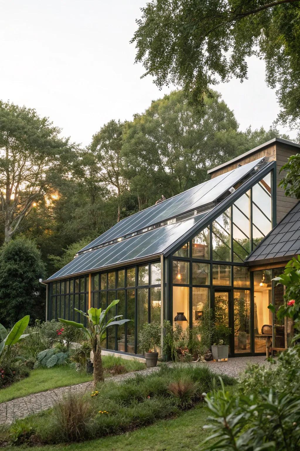 Eco-friendly glass house featuring sustainable design elements.