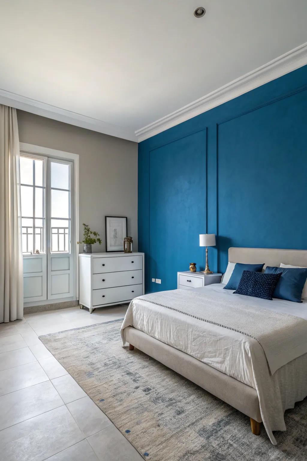 A striking azure highlight wall creates a central focal point in a bedroom.