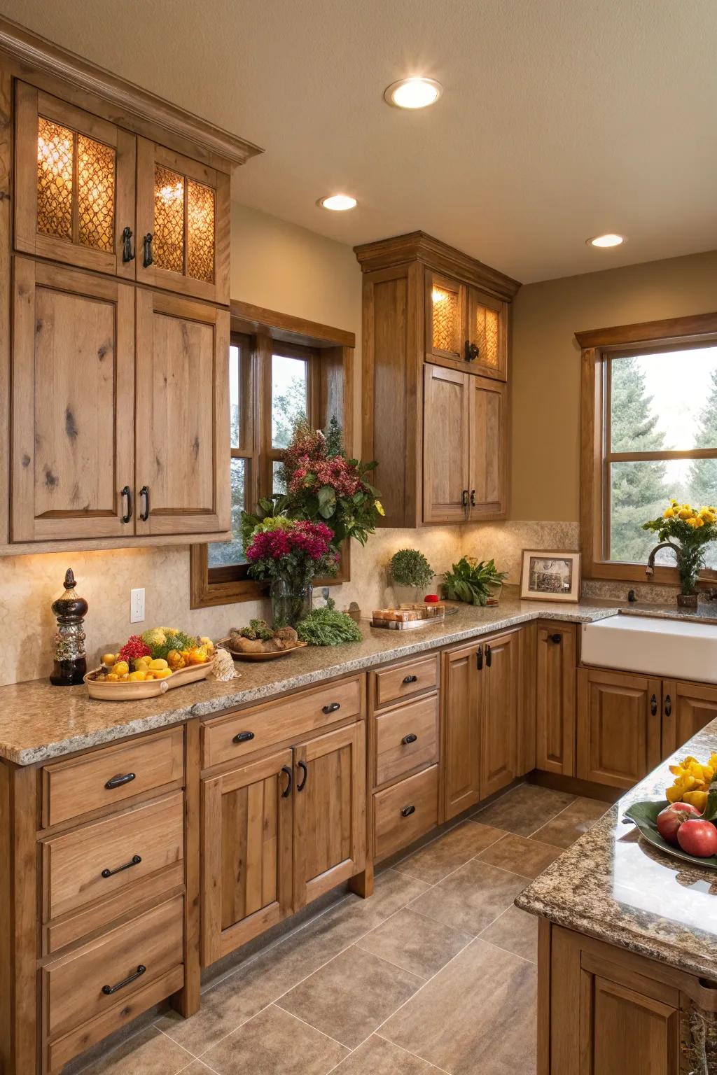 Warm tones complement the natural hues of hickory.
