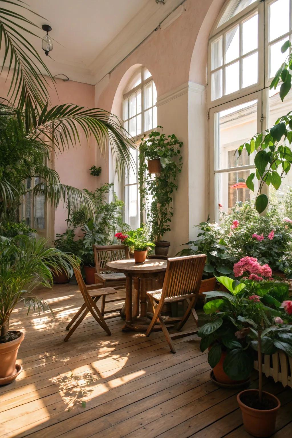 A modern living space enhanced with natural elements like plants and wood.