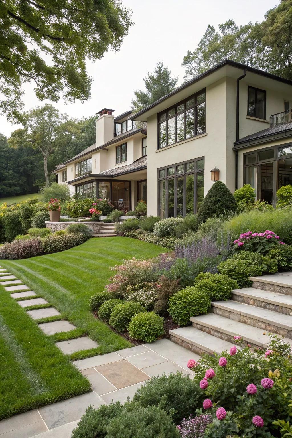 A modern house complemented by thoughtfully integrated landscaping.