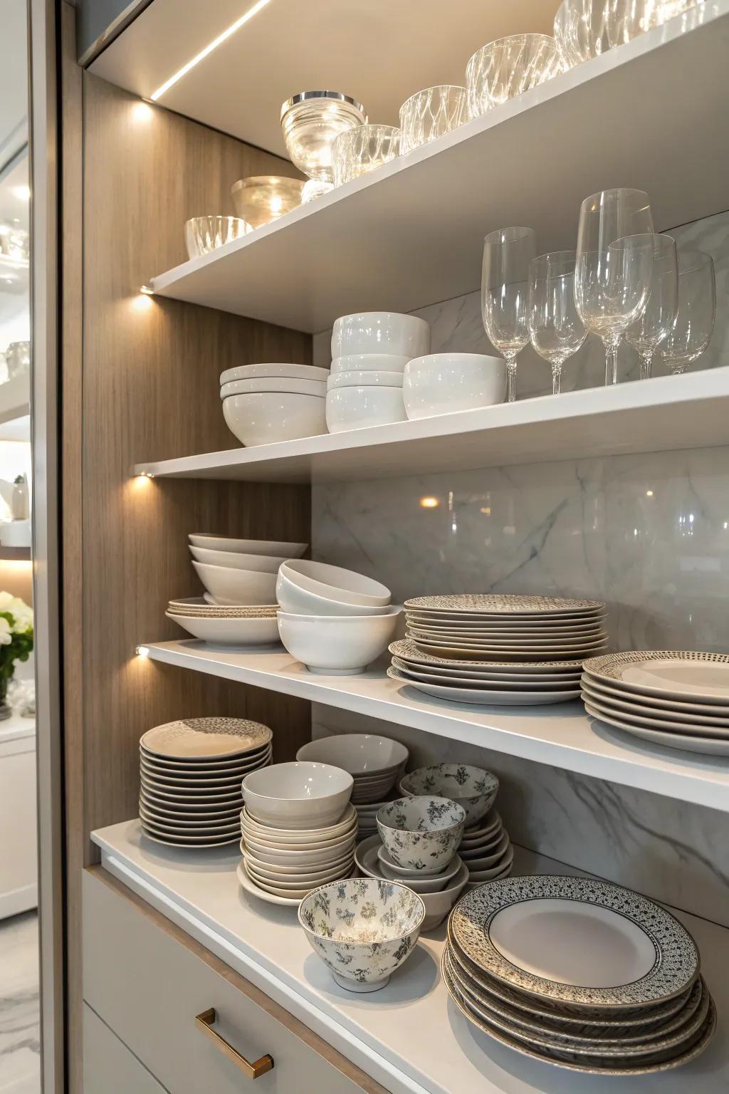 Exquisitely displayed tableware enhances the cabinet’s functionality and style.