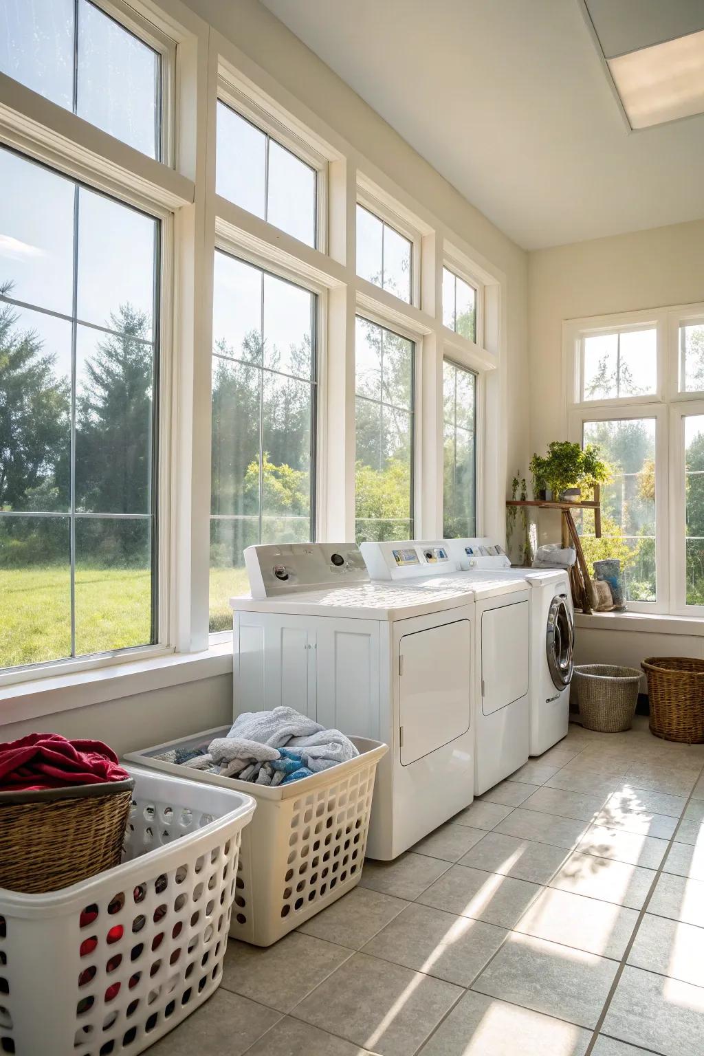 Natural light creates an inviting laundry environment.