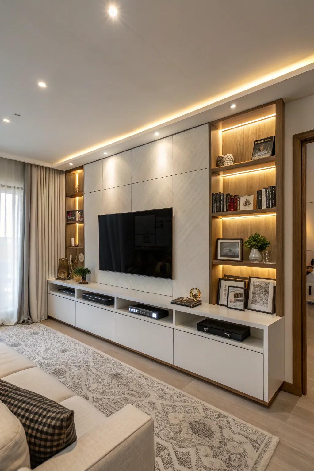 Covert keeping sections maintain the media wall uncluttered and polished.