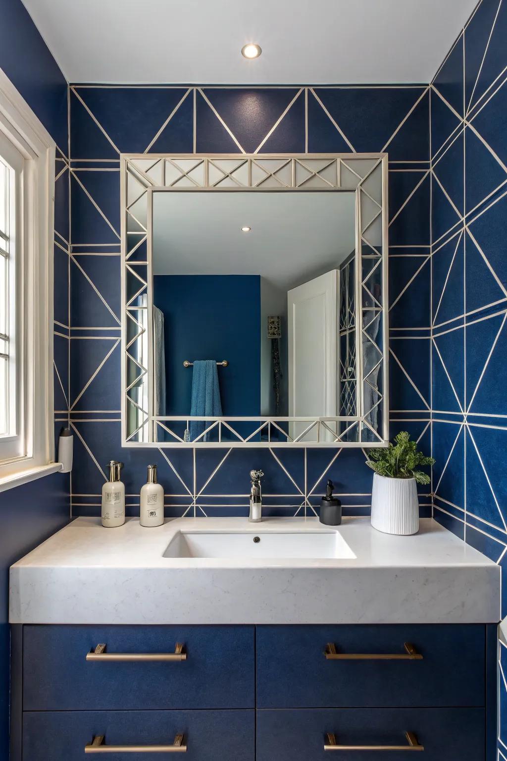 Patterned mirrors enhance space and style in deep sea bathrooms.