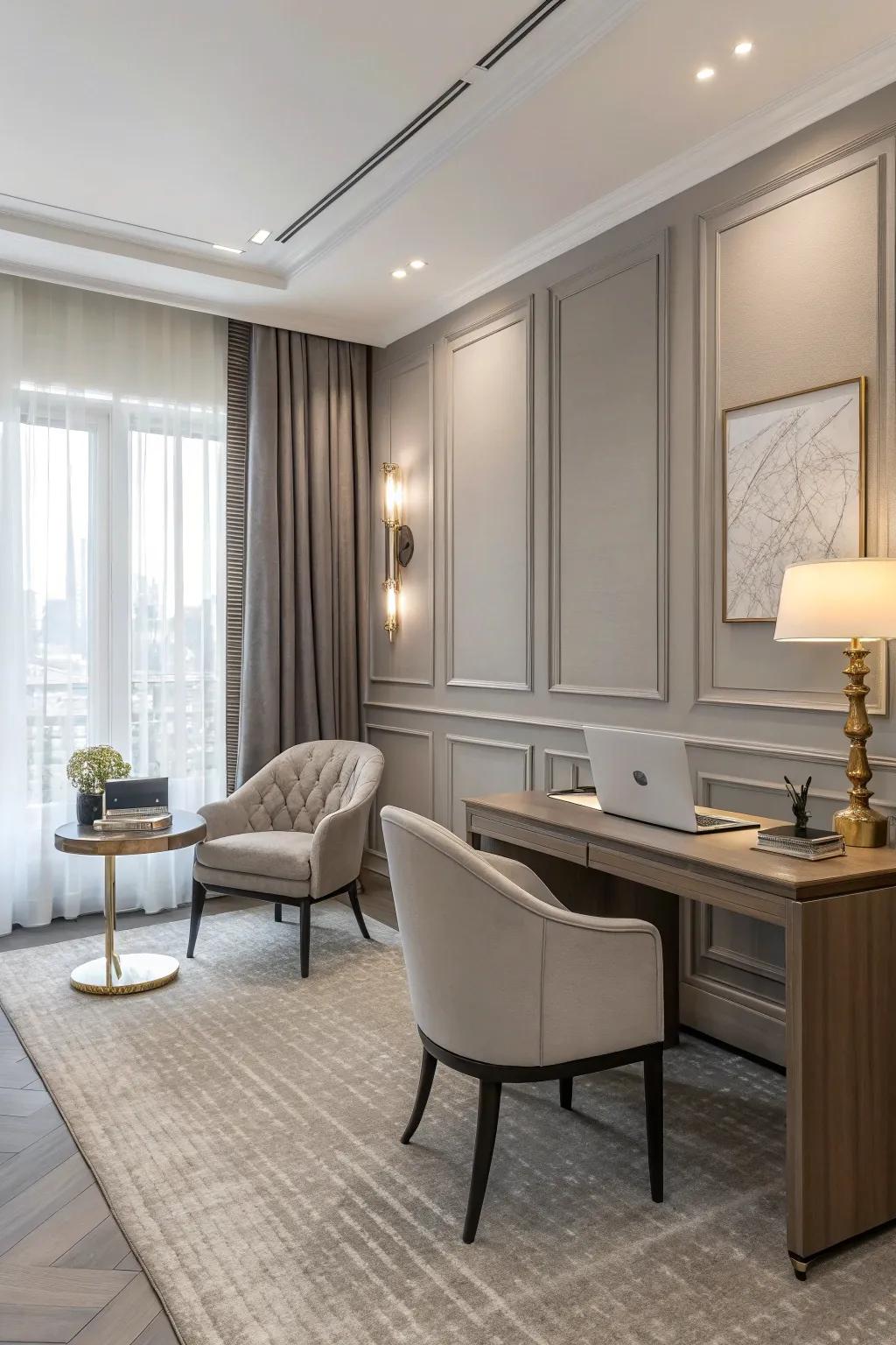 An office showcasing a neutral color palette with gentle tones.