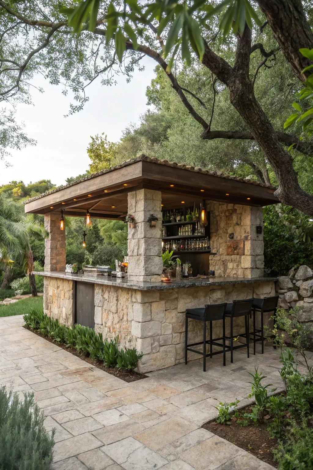 A rustic stone bar that harmonizes with its natural surroundings.